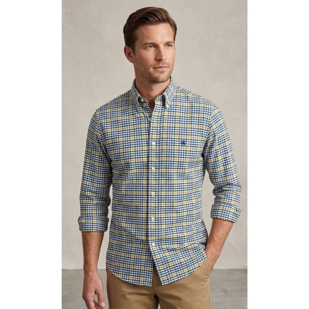 Brooks Brothers Men’s Yellow, Green, And Blue Plaid Long Sleeve Size XL